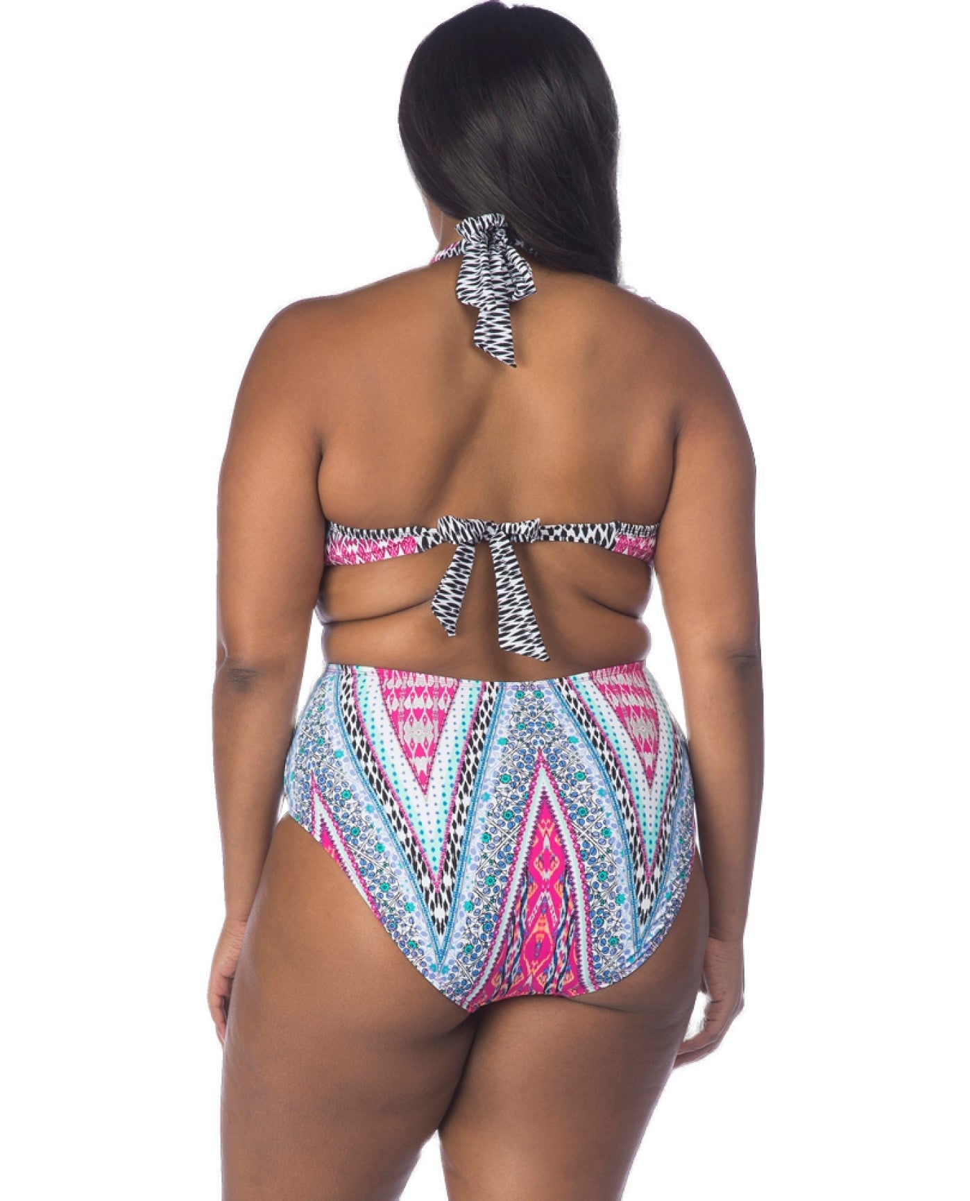 Back View of Kenneth Cole Riviera Stripe Plus Size Underwire Halter Peek-A-Boo One Piece Swimsuit |  KKC RIVIERA STRIPE