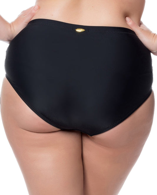 Back View of Jessica Simpson Black Plus Side Shirred High Waisted Bikini Bottom | JES BLACK