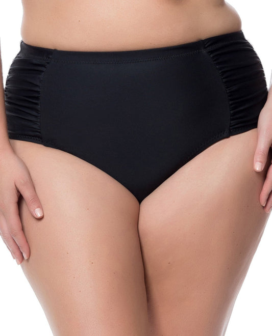 Front View of Jessica Simpson Black Plus Side Shirred High Waisted Bikini Bottom | JES BLACK