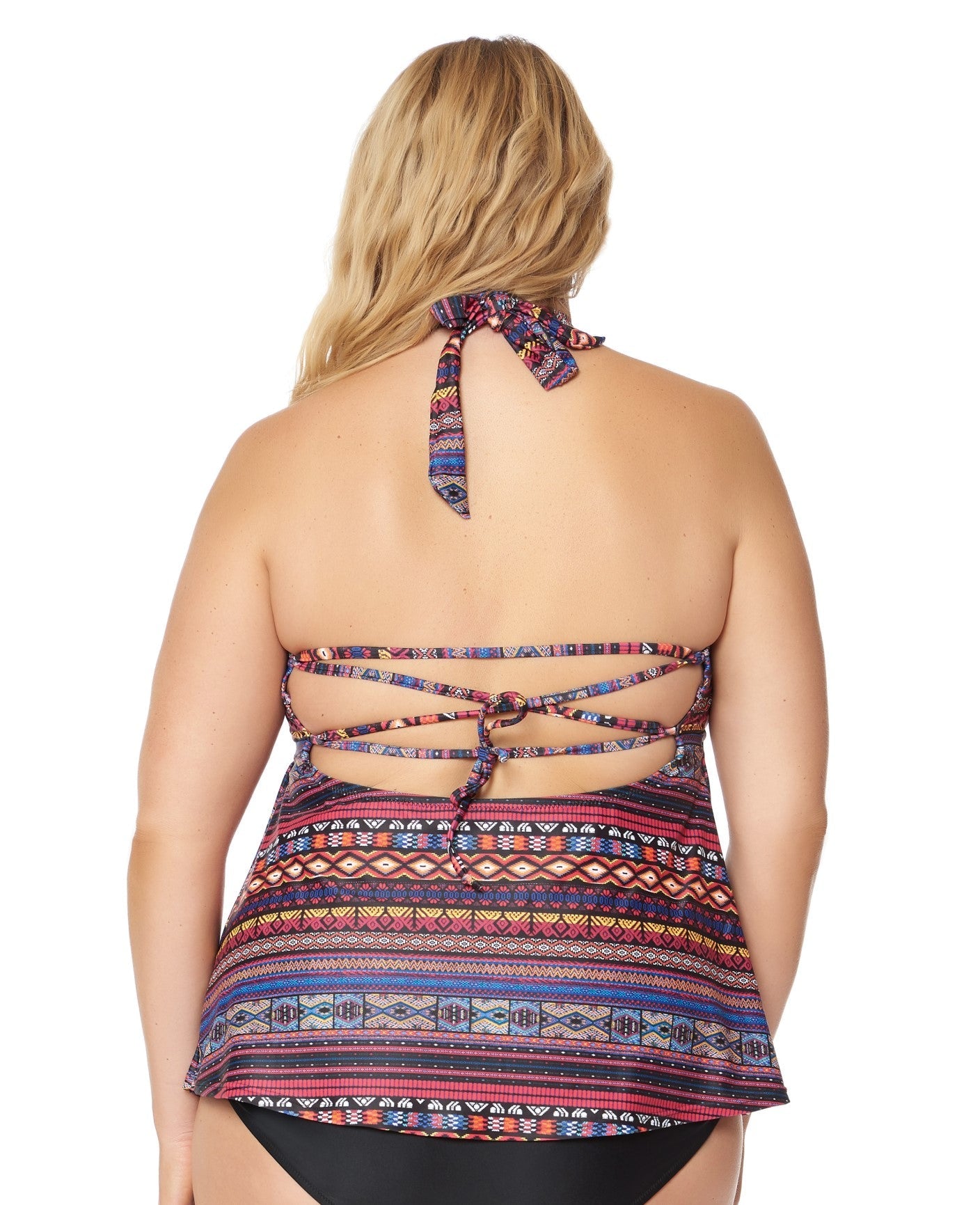 Back View of Jessica Simpson Cherokee Queen Plus Size High Neck Keyhole Tankini Top | JES CHEROKEE