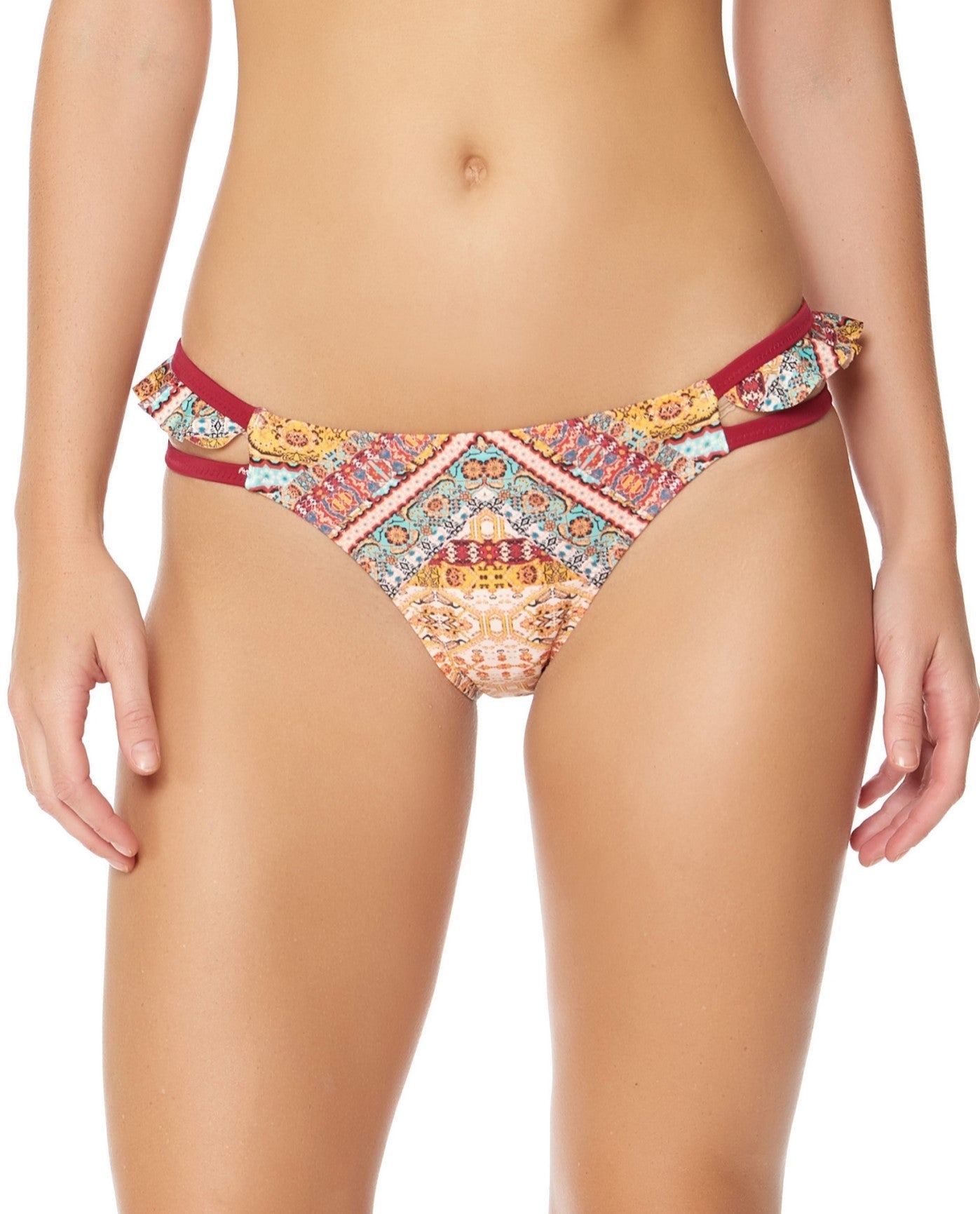 Front View of Jessica Simpson Day Tripper Ruffle Hipster Bikini Bottom | JES PINK