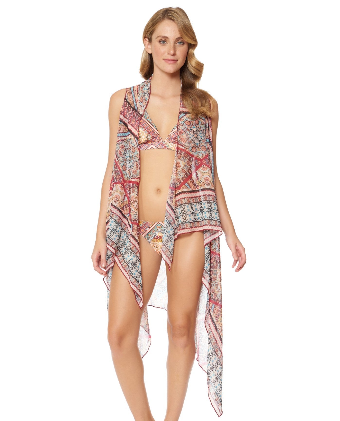 Front View of Jessica Simpson Day Tripper Chiffon Border Vest Cover Up | JES PINK