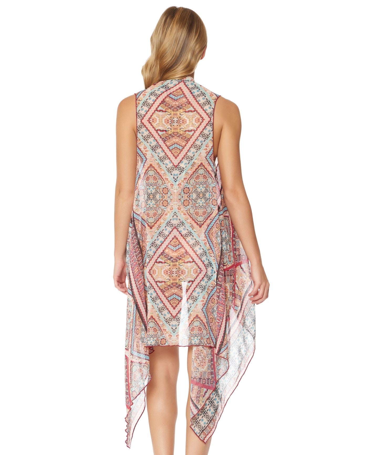 Back View of Jessica Simpson Day Tripper Chiffon Border Vest Cover Up | JES PINK