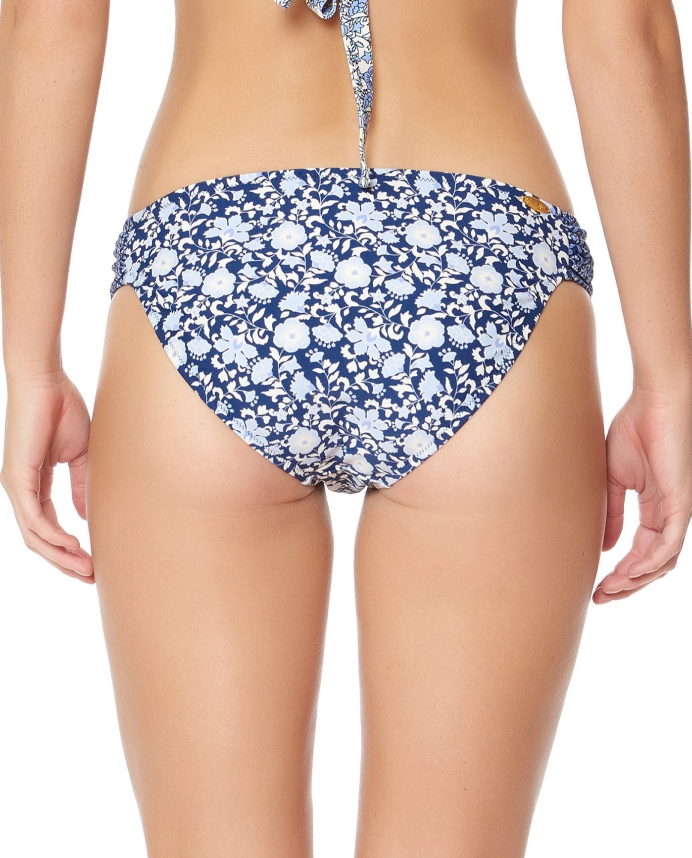 Back View of Jessica Simpson Patched Up Side Shirred Hipster Bikini Bottom | JES PATCHED UP