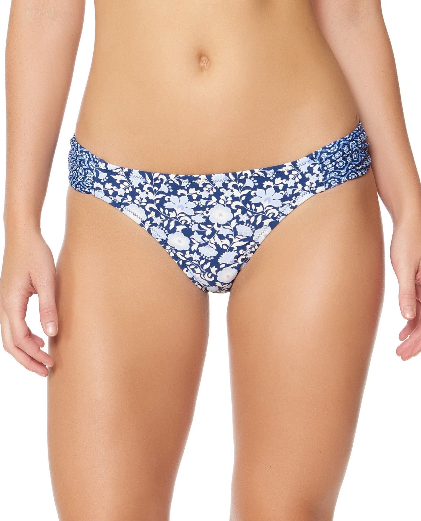 Front View of Jessica Simpson Patched Up Side Shirred Hipster Bikini Bottom | JES PATCHED UP