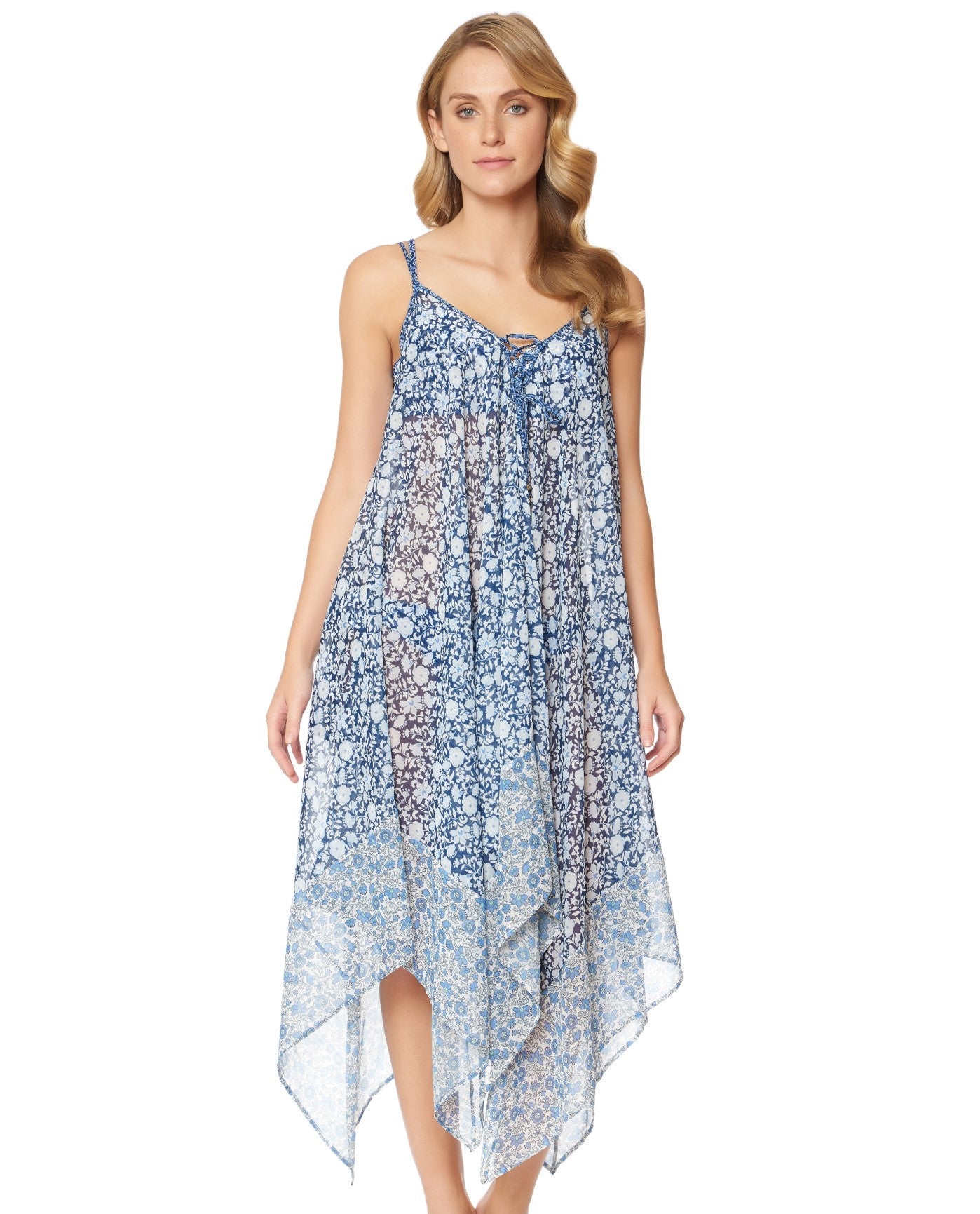 Front View of Jessica Simpson Patched Up Chiffon Lace Up Dress | JES PATCHED UP