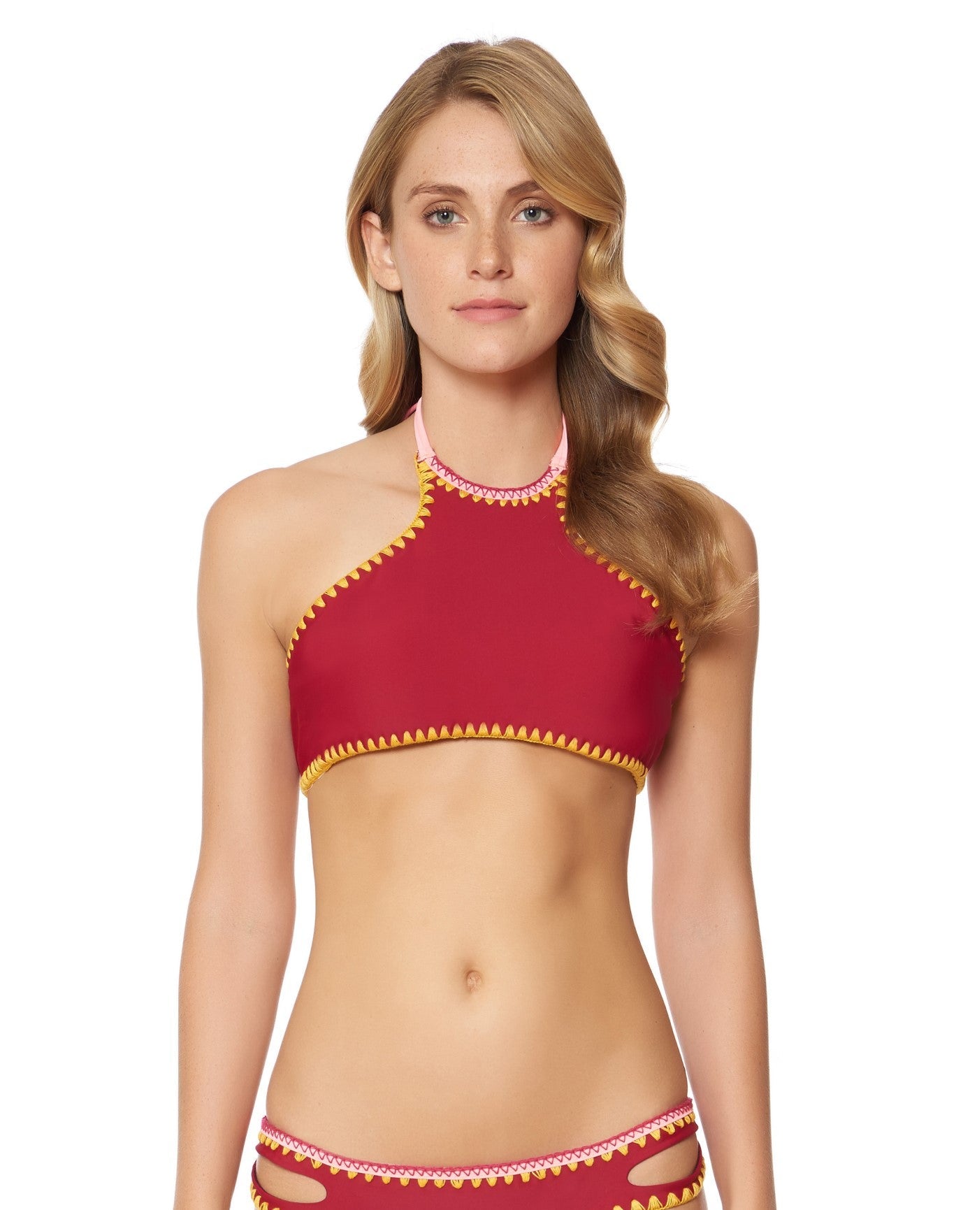 Alternate Front View of Jessica Simpson Woodstock Merlot And Spice Reversible High Neck Bikini Top | JES MERLOT AND SPICE