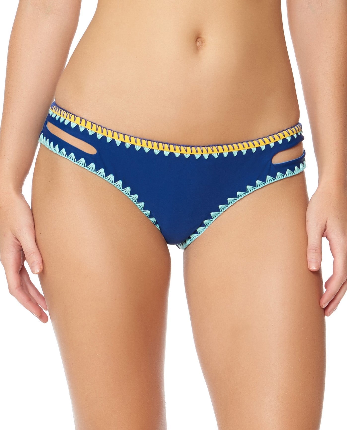 Front View of Jessica Simpson Woodstock Marine And Peri Reversible Hipster Bikini Bottom | JES MARINE AND PERI