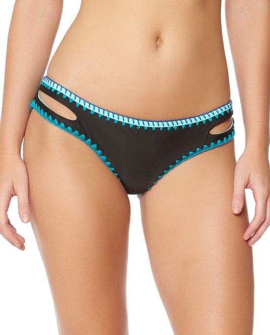 Alternate Front View of Jessica Simpson Woodstock Black And Seafoam Reversible Hipster Bikini Bottom | JES BLACK AND SEAFOAM