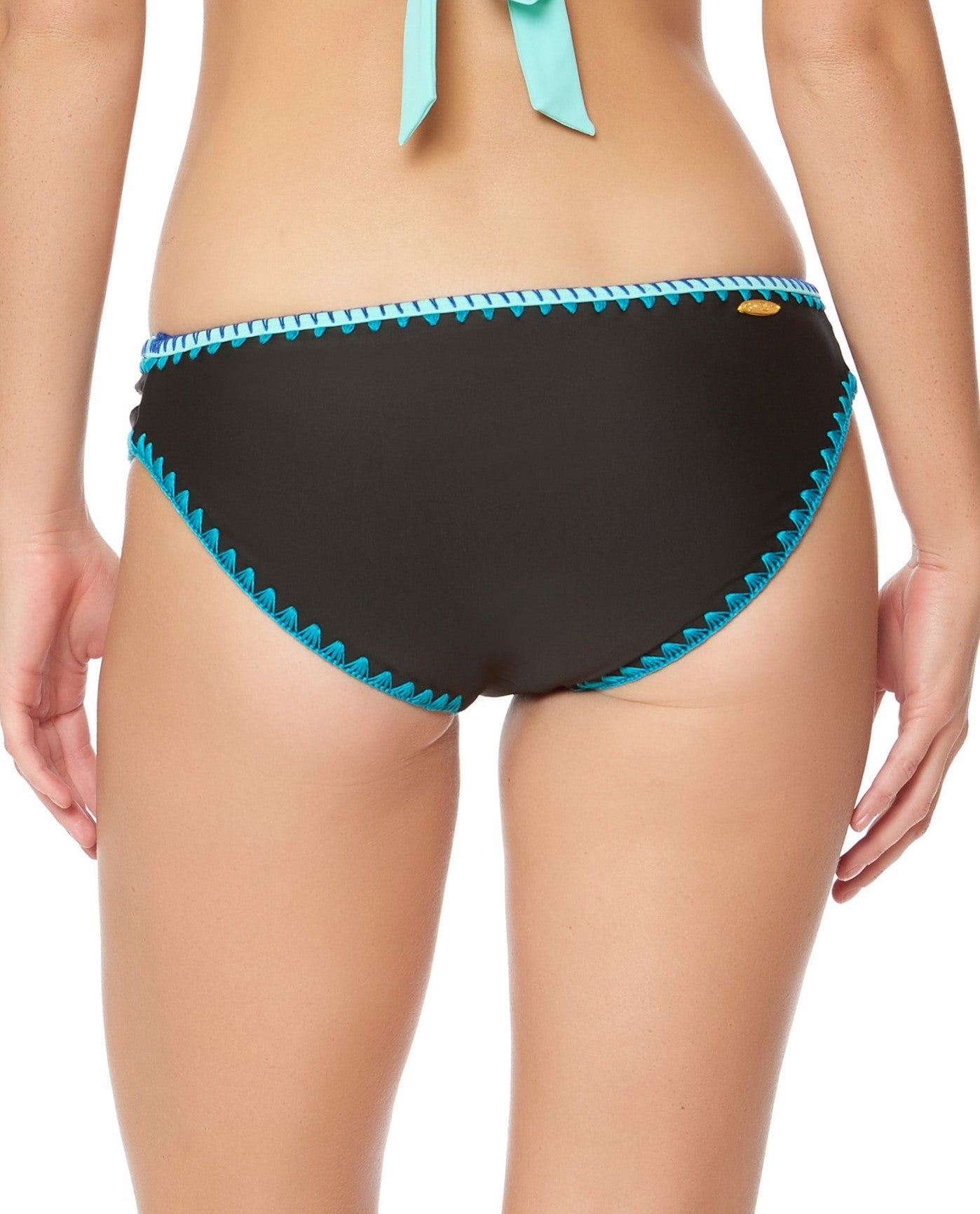 Alternate Back View of Jessica Simpson Woodstock Black And Seafoam Reversible Hipster Bikini Bottom | JES BLACK AND SEAFOAM