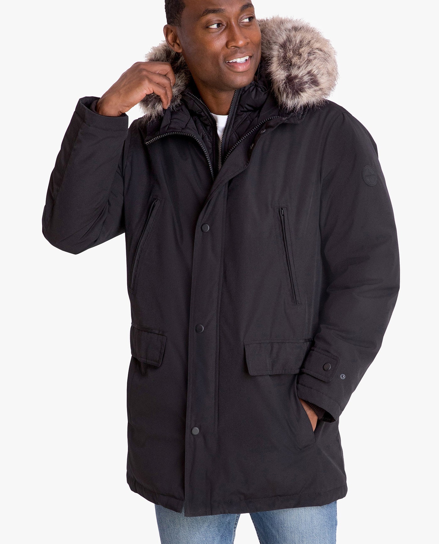 Front View of London Fog Artic Parka With Removable Faux Fur Trim On Hood | LF BLACK
