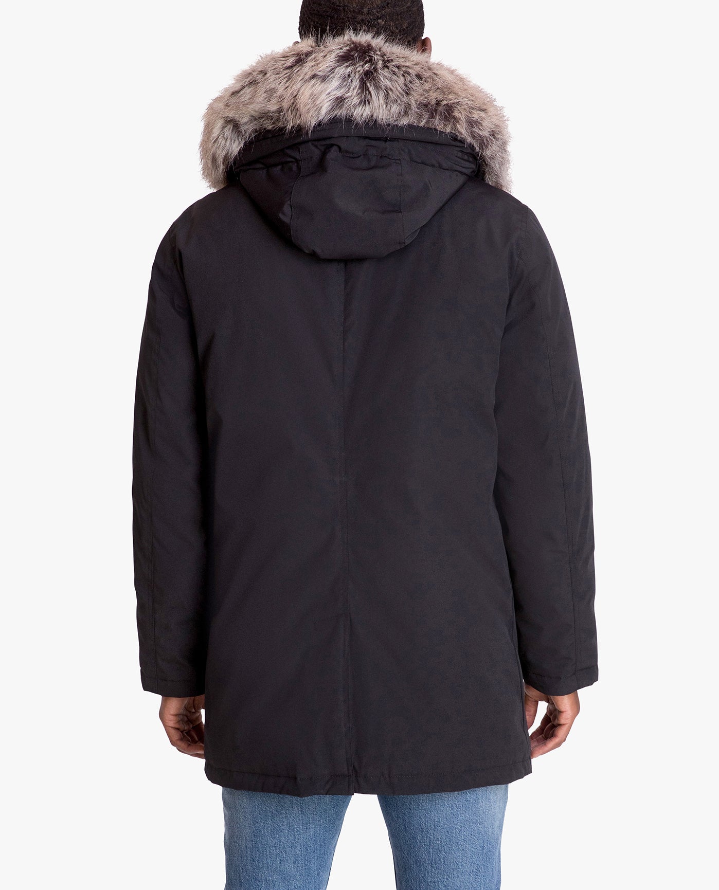 Back View of London Fog Artic Parka With Removable Faux Fur Trim On Hood | LF BLACK