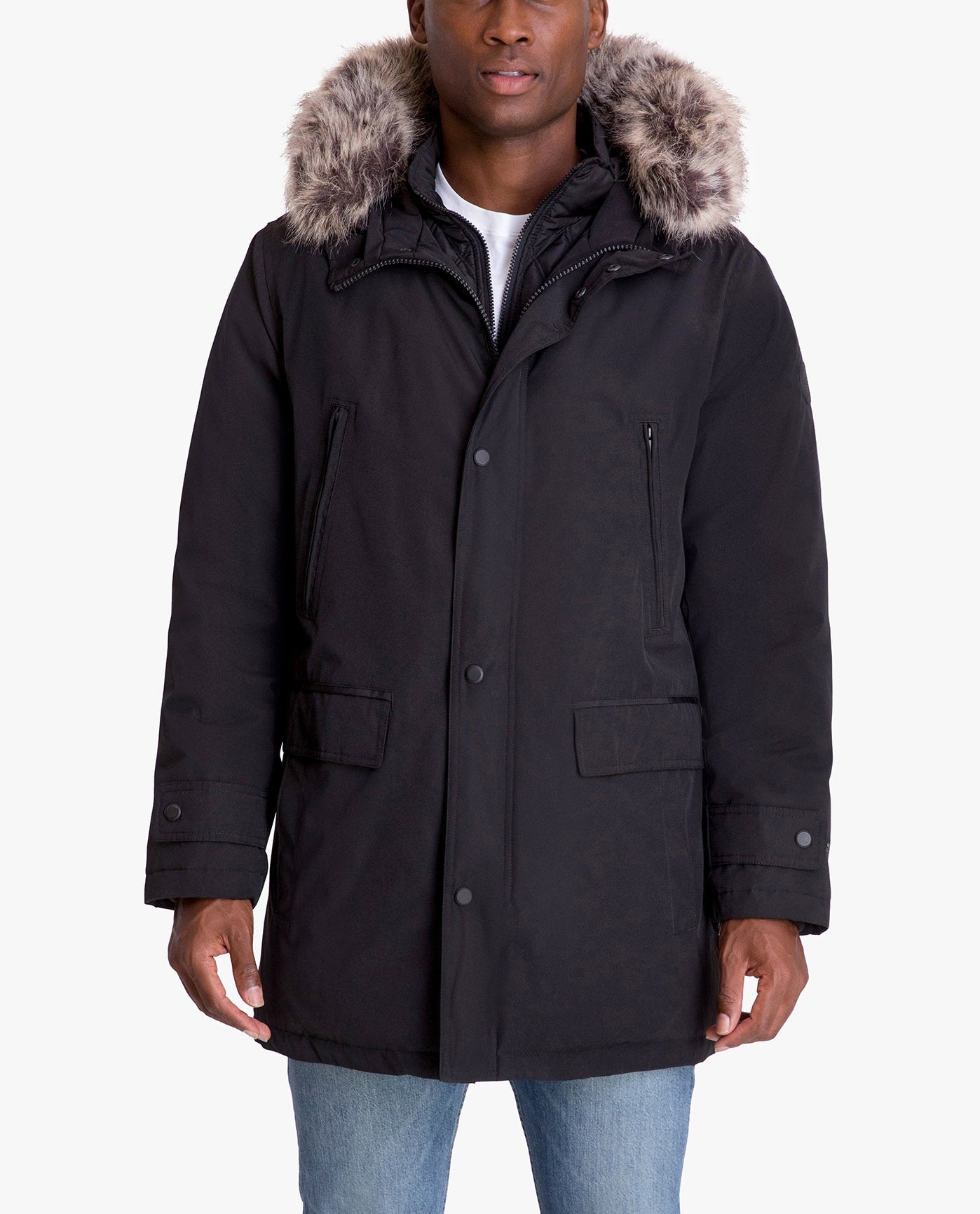 Alternate Front View of London Fog Artic Parka With Removable Faux Fur Trim On Hood | LF BLACK