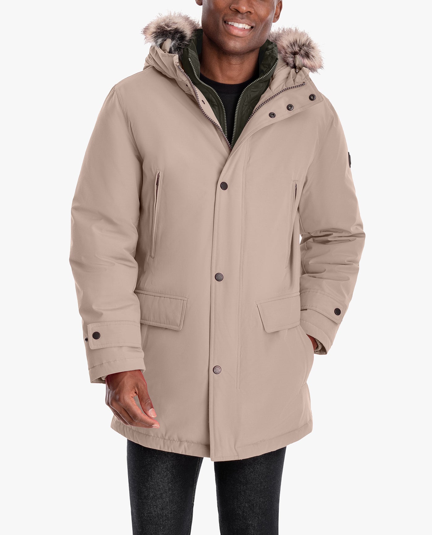 Alternate Front View of London Fog Artic Parka With Removable Faux Fur Trim On Hood | LF TAUPE
