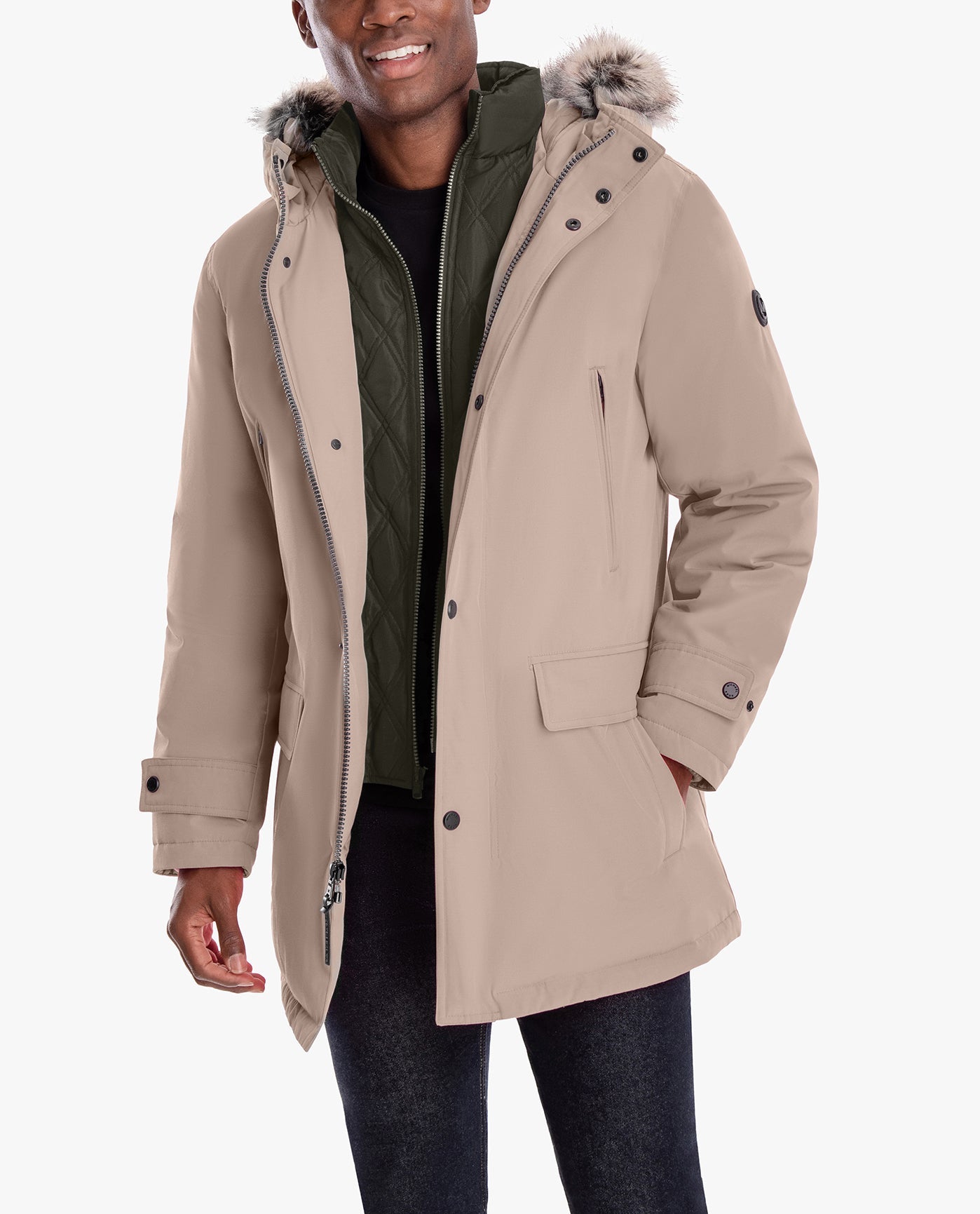 Front View of London Fog Artic Parka With Removable Faux Fur Trim On Hood | LF TAUPE