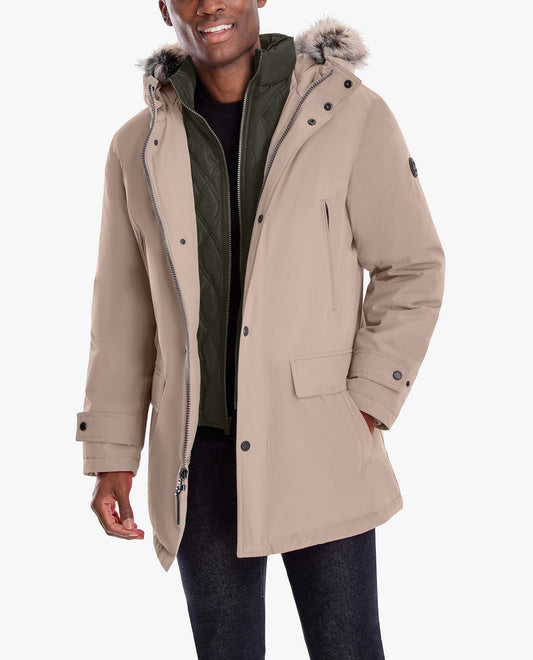 Front View of London Fog Artic Parka With Removable Faux Fur Trim On Hood | LF TAUPE