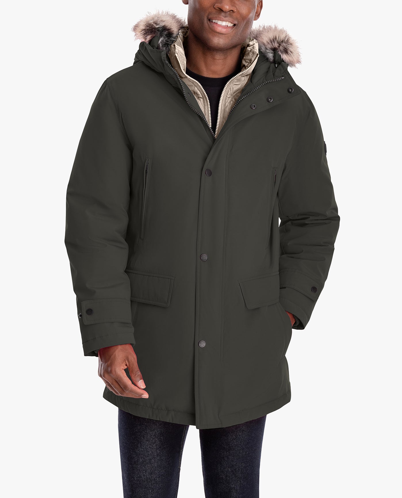 Alternate Front View of London Fog Artic Parka With Removable Faux Fur Trim On Hood | LF Dark Olive