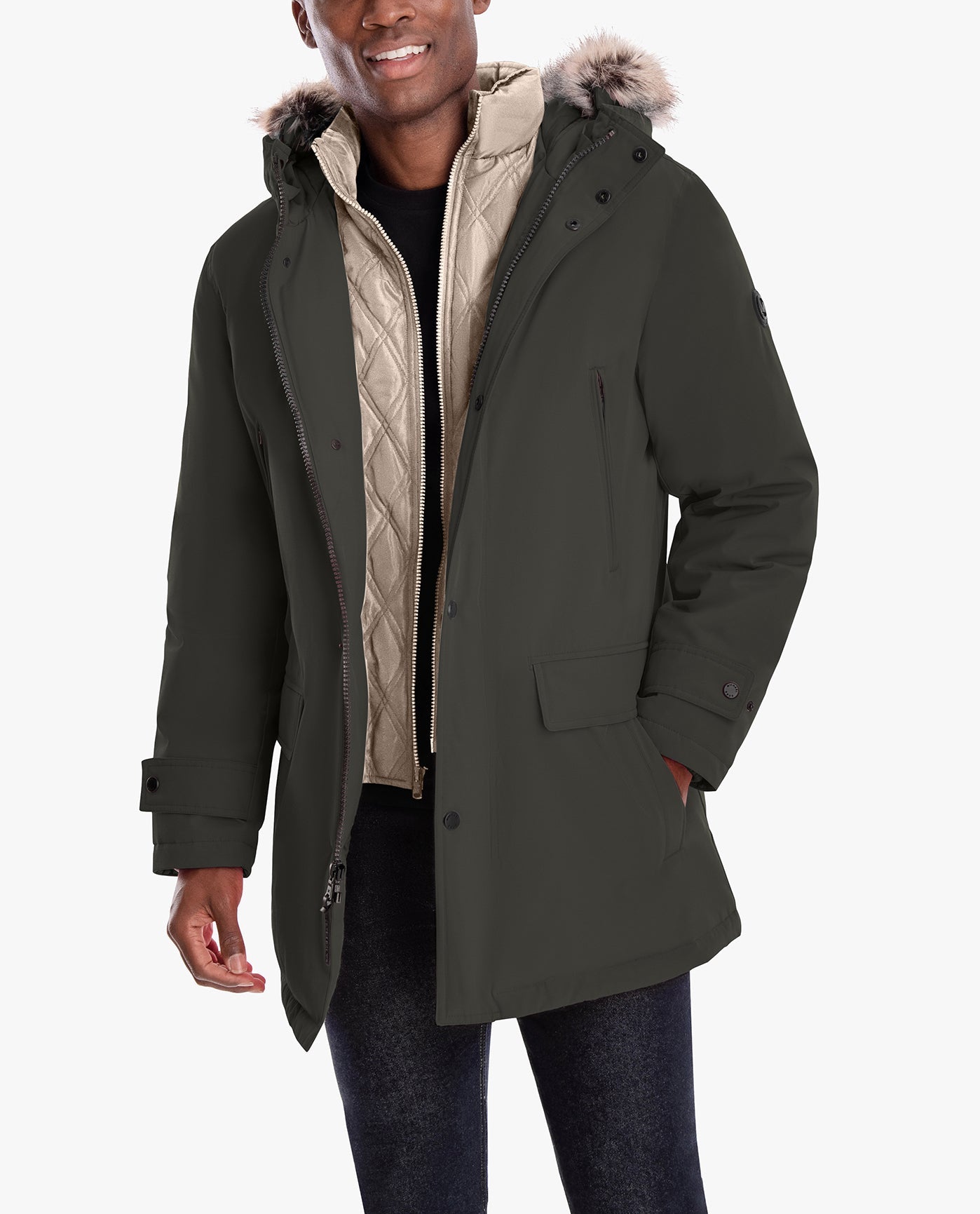 Front View of London Fog Artic Parka With Removable Faux Fur Trim On Hood | LF Dark Olive
