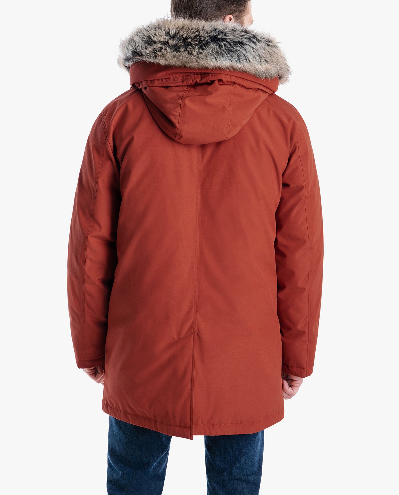 Back View of London Fog Artic Parka With Removable Faux Fur Trim On Hood | LF ORANGE SPICE