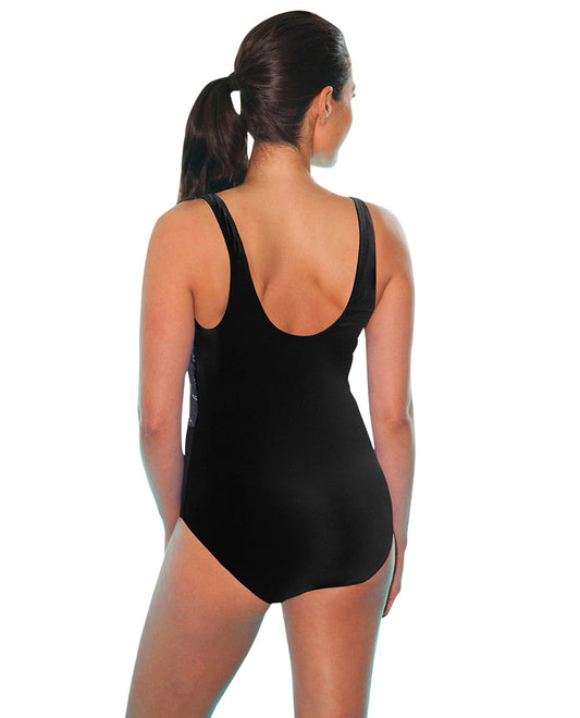 Back View of Tyr Palm Printed Chlorine Resistant Block One Piece Swimsuit | TYR BLACK