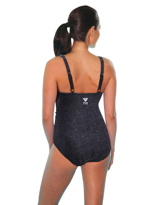 Back View of Tyr Mantra Black Printed Chlorine Resistant V-Neck One Piece Swimsuit | TYR MANTRA BLACK