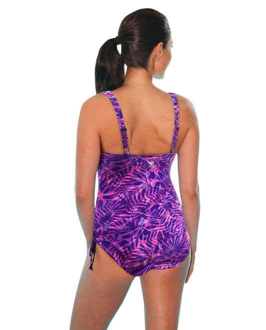 Back View of Tyr Monaco Purple Printed Chlorine Resistant V-Neck Sheath One Piece Swimsuit | TYR MONACO PURPLE