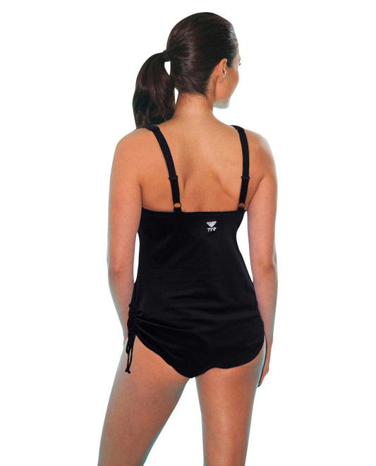 Back View of Tyr Black Solid Chlorine Resistant V-Neck Sheath One Piece Swimsuit | TYR BLACK