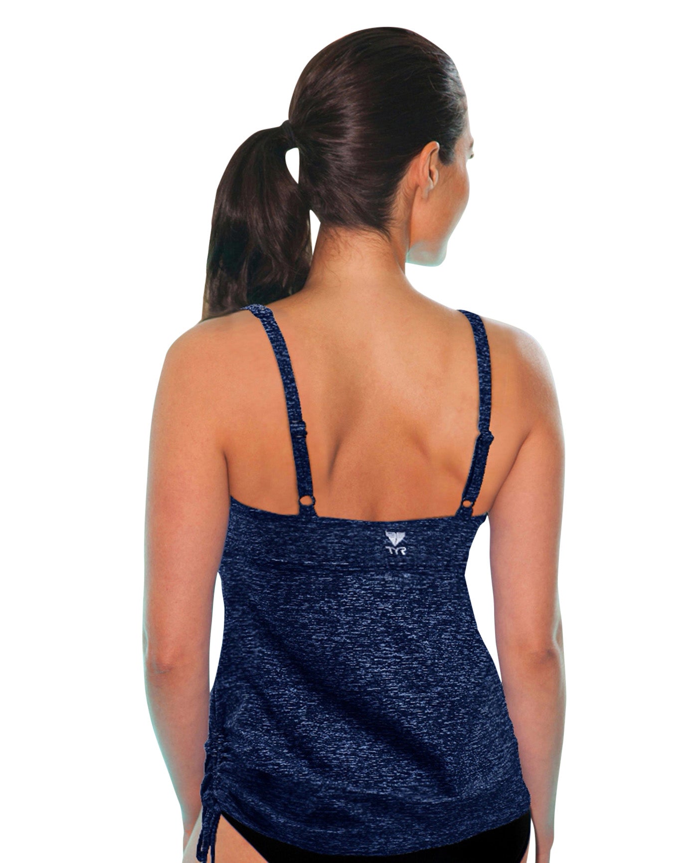 Back View of Tyr Mantra Navy Printed Chlorine Resistant Side Tie V-Neck Tankini Top | TYR MANTRA NAVY