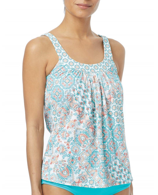 Front View of Coco Reef Aqua Mediterranean Tile Mix Larimar D-Cup Underwire Ultra Fit Tankini Top |  COR MEDITERRANEAN BLUE