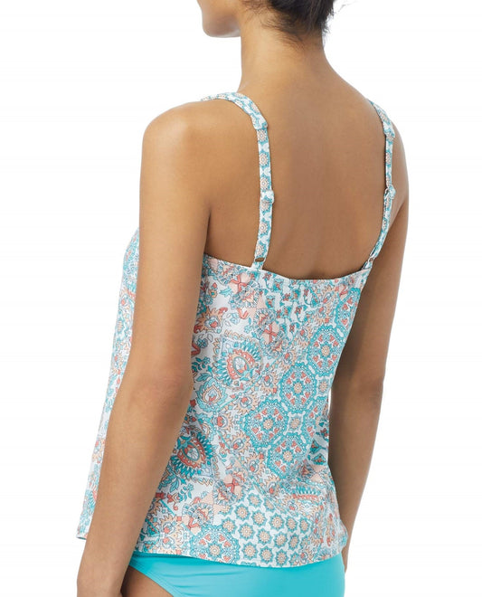 Back View of Coco Reef Aqua Mediterranean Tile Mix Larimar D-Cup Underwire Ultra Fit Tankini Top |  COR MEDITERRANEAN BLUE