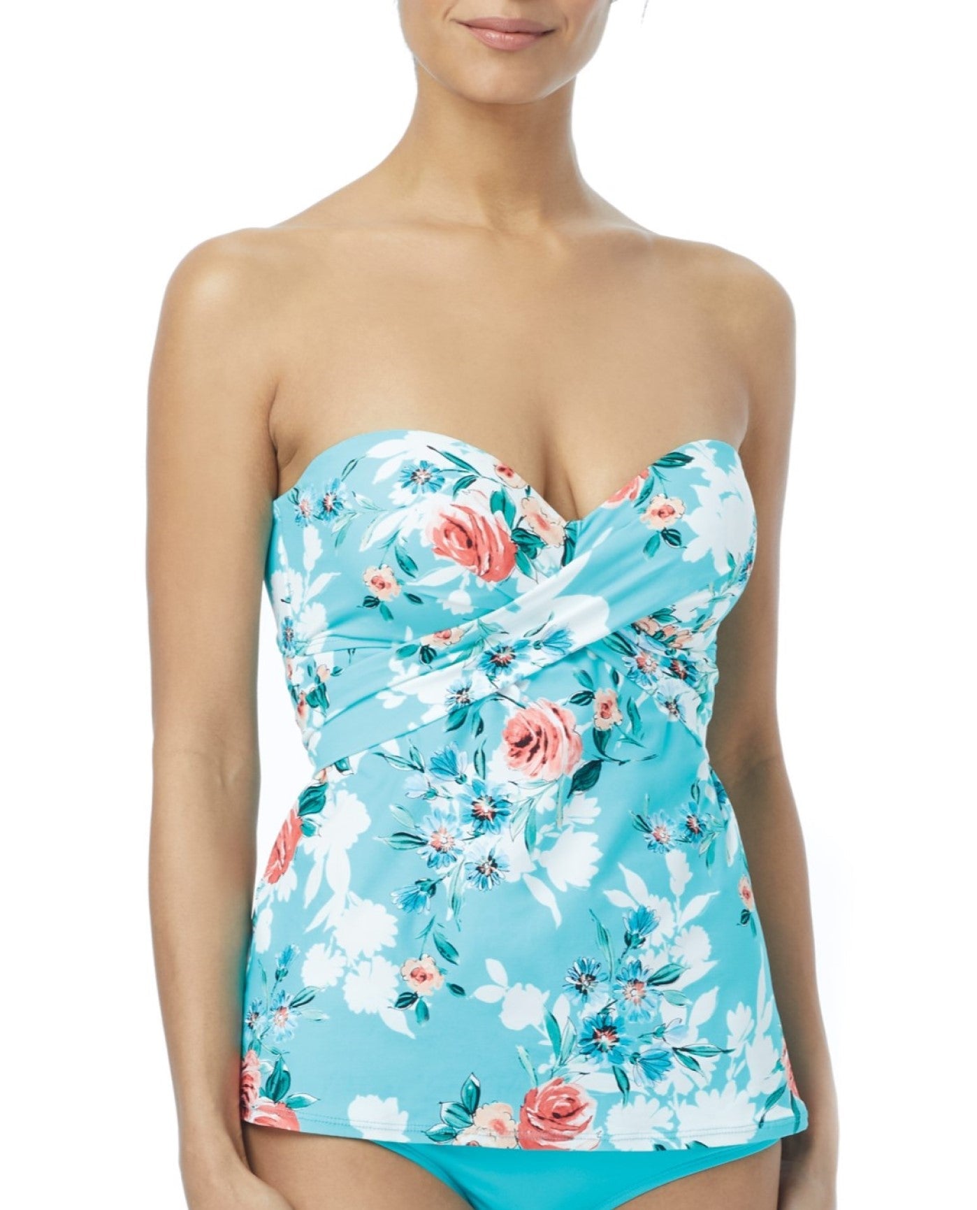 Front View of Coco Reef Aqua Cliff Rose Larimar D-Cup Underwire Convertible Five-Way Tankini Top |  COR AQUA