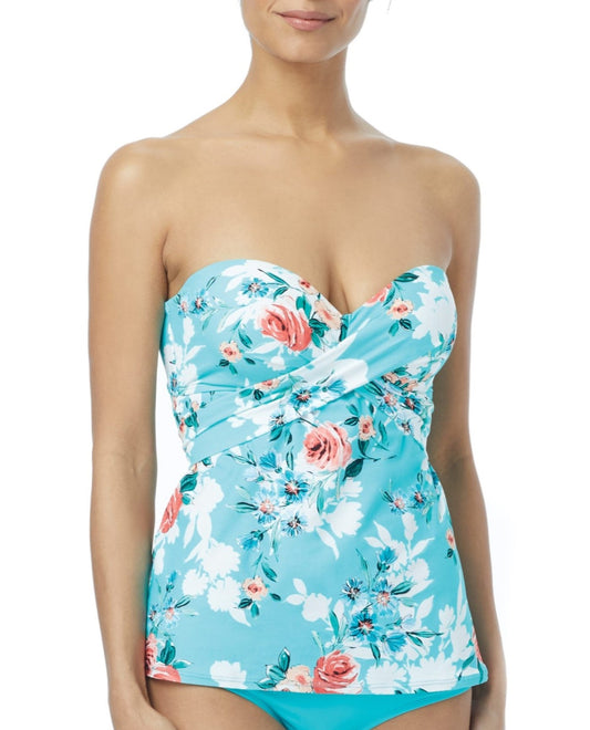 Front View of Coco Reef Aqua Cliff Rose Larimar D-Cup Underwire Convertible Five-Way Tankini Top |  COR AQUA