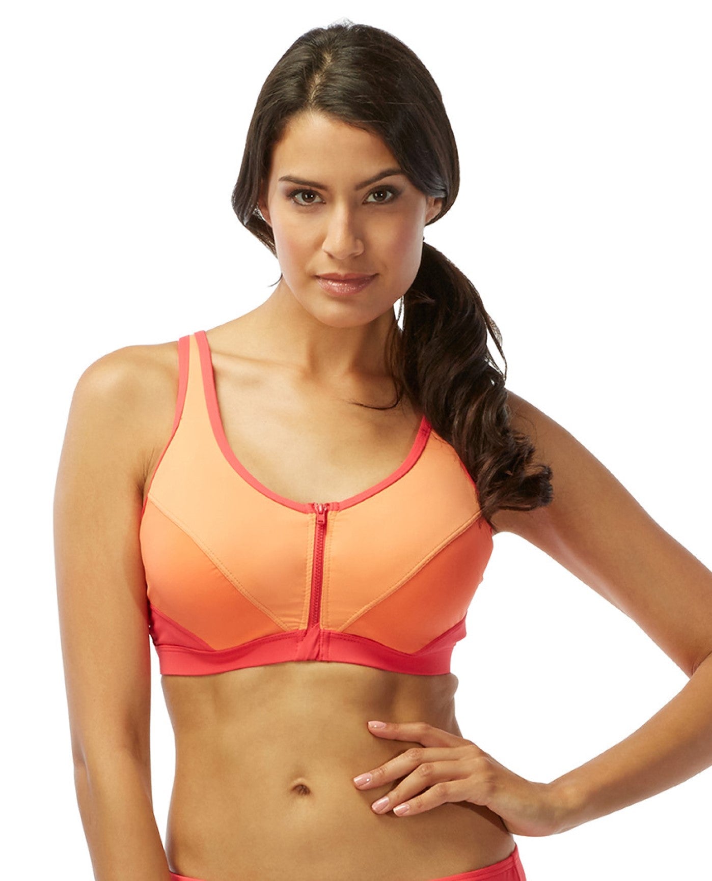 Front View of Coco Reef Coral Barbados D-Cup Pure Racer Back Zip Front Underwire Bikini Top | COC CORAL