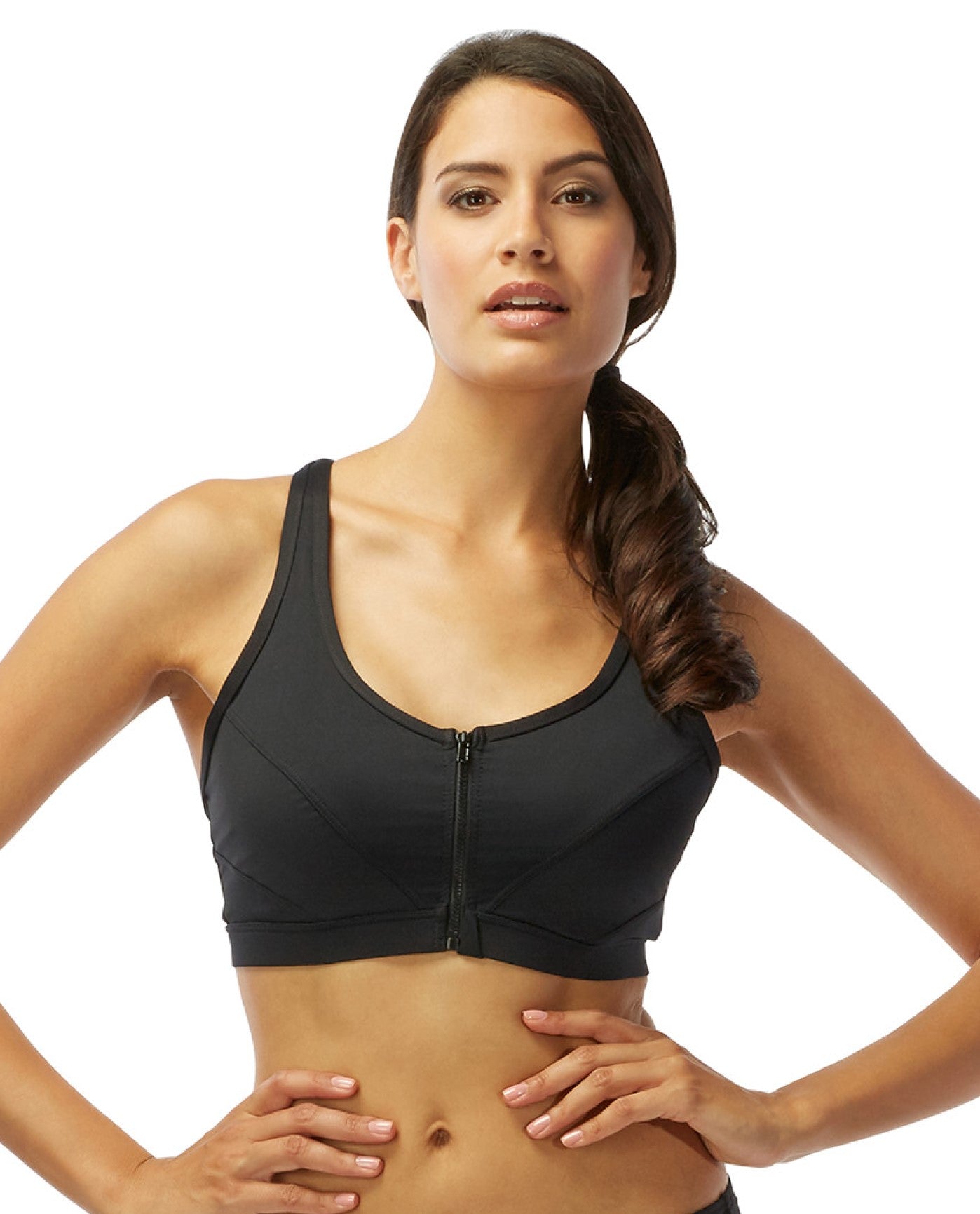 Front View of Coco Reef Black Barbados Dd-Cup Pure Racer Back Zip Front Underwire Bikini Top | COC BLACK