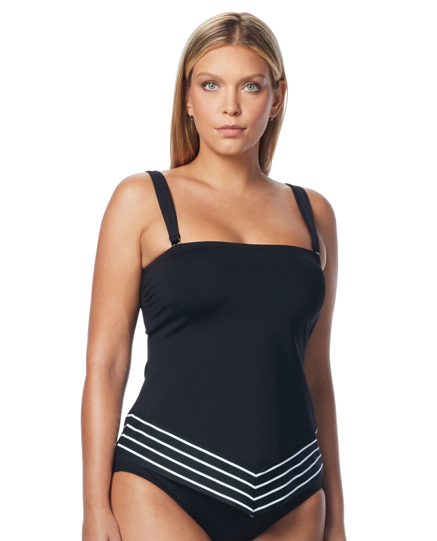 Front View of Coco Reef Serenity Stripe D-Cup Bandeau Scarf Underwire Tankini Top | COC BLACK