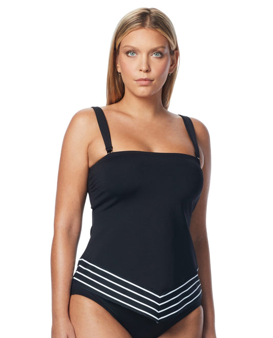 Front View of Coco Reef Serenity Stripe D-Cup Bandeau Scarf Underwire Tankini Top | COC BLACK