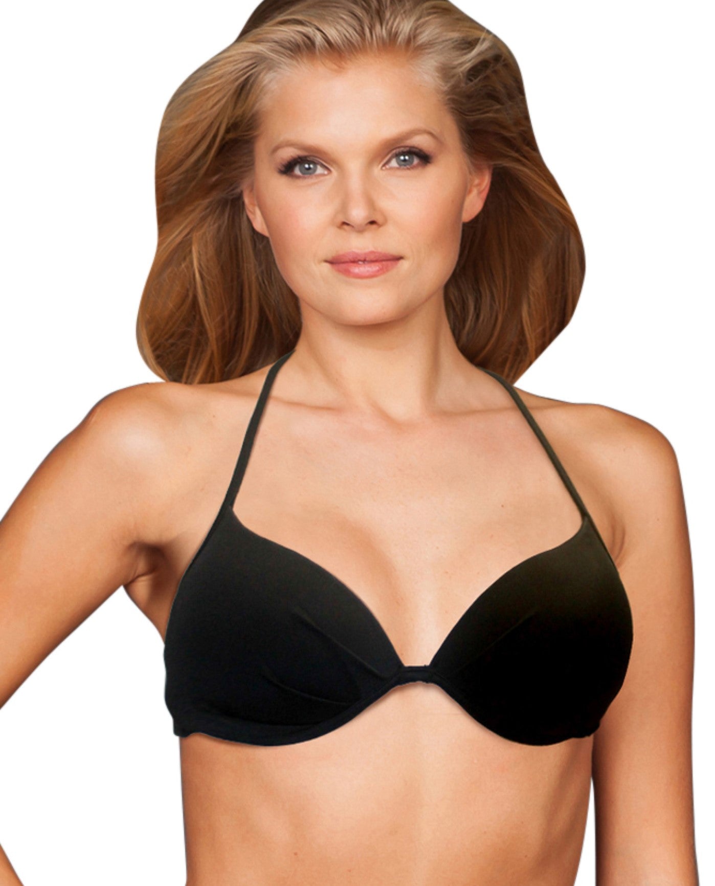 Front View of Zali Black Underwire Halter Tie Back Bikini Top |  ZAL BLACK