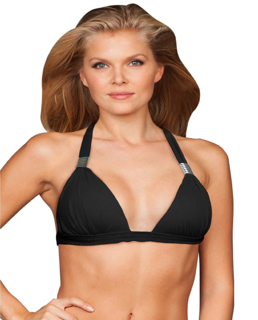 Front View Of Zali Black Plunge Triangle Halter Bikini Top | ZAL Black