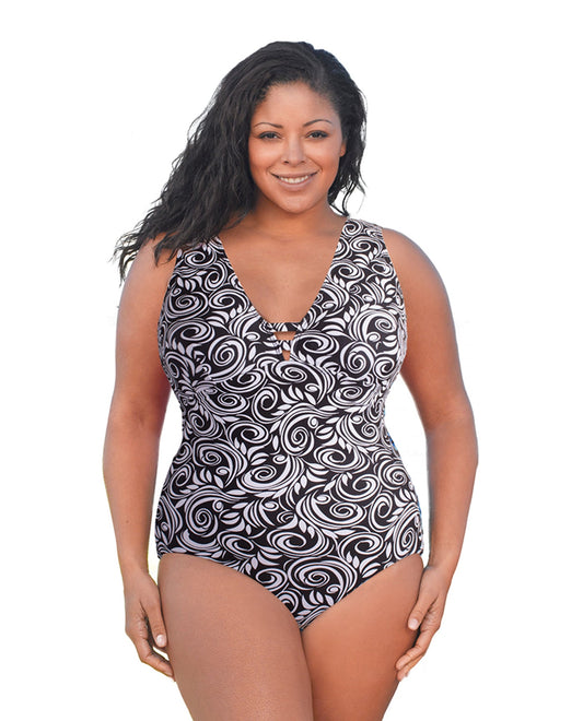 Front View Of Always For Me White Scroll Plus Size Double V Plunge One Piece Swimsuit | AFM WHITE SCROLL