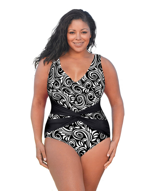 Front View Of Always For Me White Scroll Plus Size V-Neck Twist Front One Piece Swimsuit | AFM WHITE SCROLL