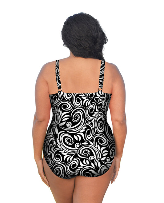 Back View Of Always For Me White Scroll Plus Size V-Neck Twist Front One Piece Swimsuit | AFM WHITE SCROLL