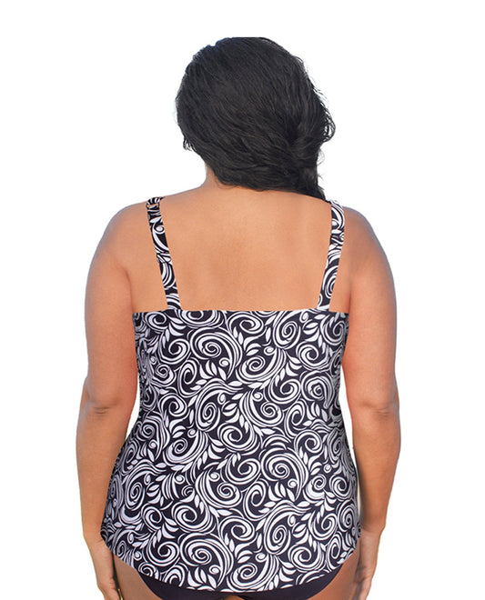 Back View Of Always For Me White Scroll Plus Size High Neck Tankini Top | AFM WHITE SCROLL