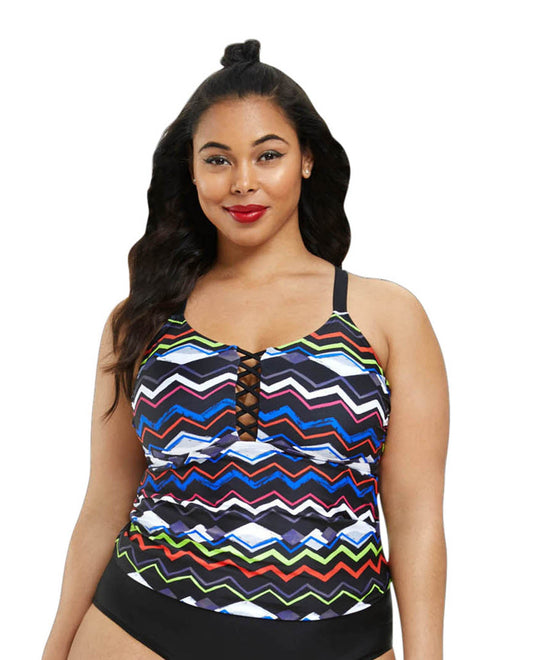 Front View Of Fashion to Figure Maria Strappy Back Tankini Top | FTF BLACK