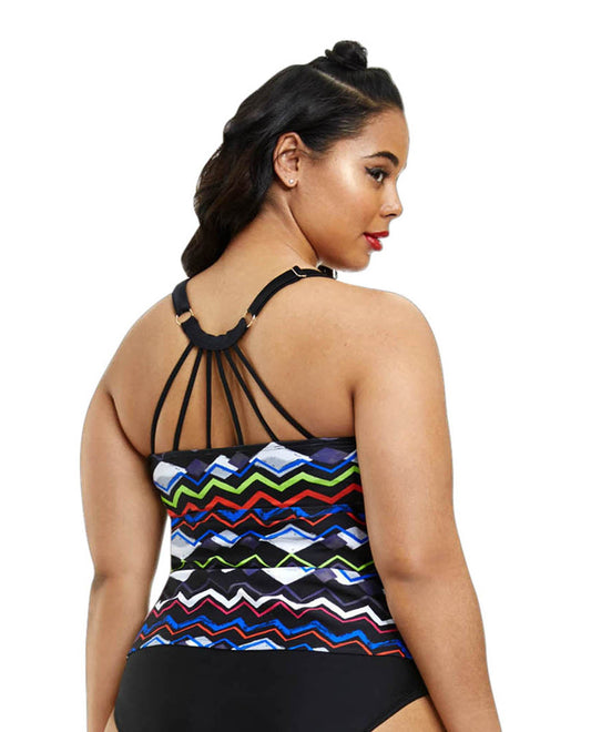Back View Of Fashion to Figure Maria Strappy Back Tankini Top | FTF BLACK