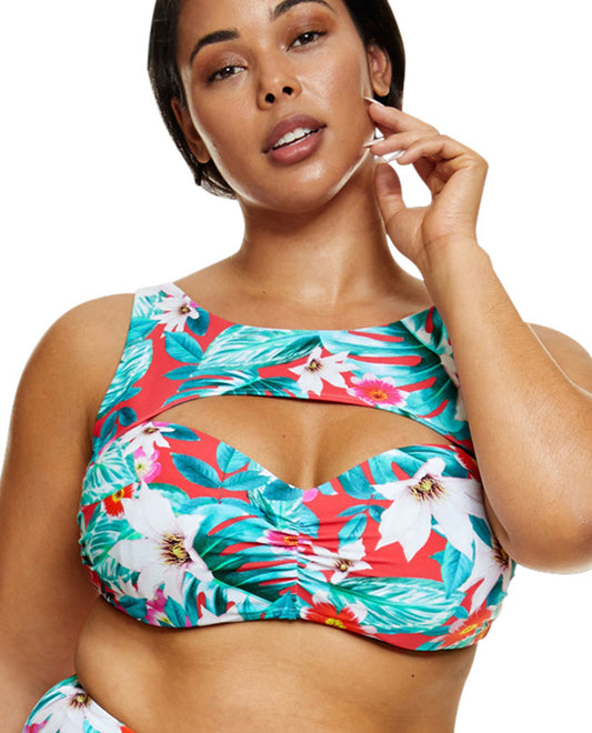 Front View Of Fashion to Figure Martinique Floral Sweetheart Cut Out Bikini Top | FTF BLUE