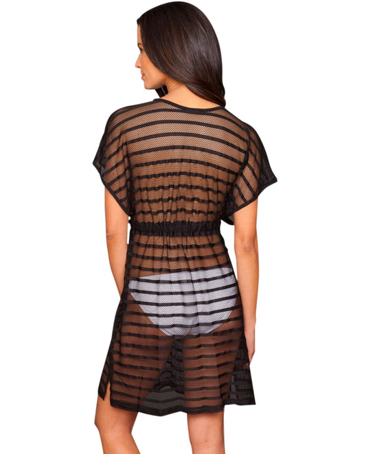 Back View Of Dotti Black Mesh Striped Tunic Cover Up | DOT BLACK