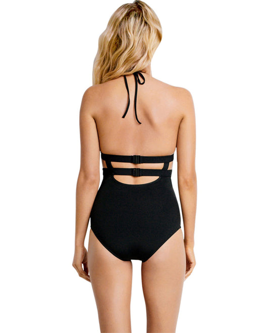 Back View Of Seafolly Solid Black Halter One Piece Swimsuit | SEA BLACK