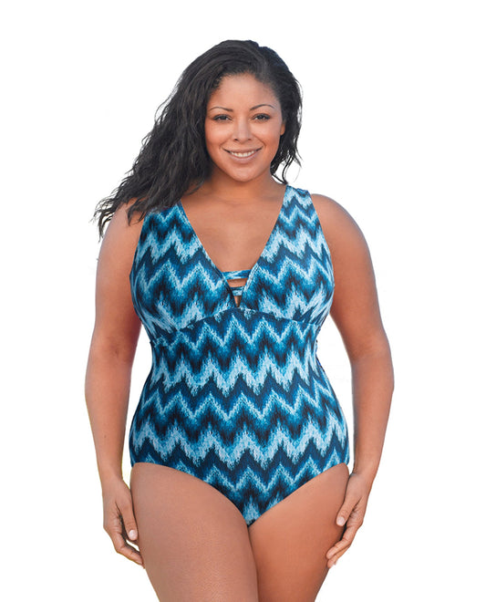 Front View Of Always For Me Native Peacock Plus Size Double V Plunge One Piece Swimsuit | AFM NATIVE PEACOCK