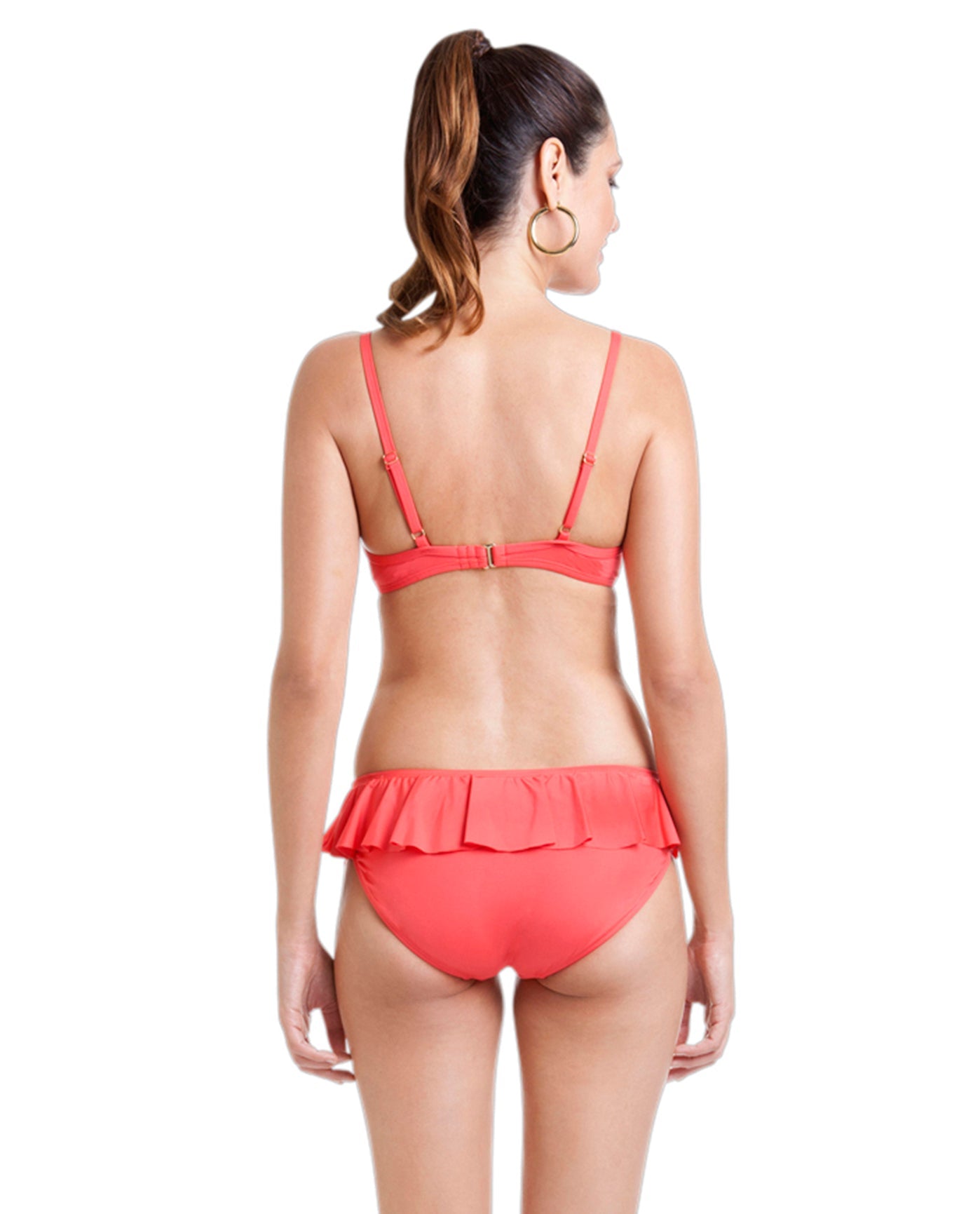 Full Suit Back View Of Cole of California Coral Core Solids Underwire Ruffle Bikini Bra | COL CORAL