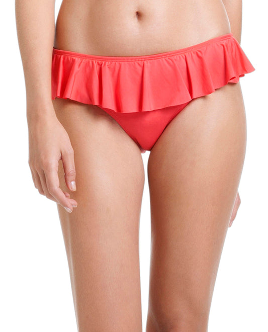 Front View Of Cole of California Coral Core Solids Ruffle Hipster | COL CORAL